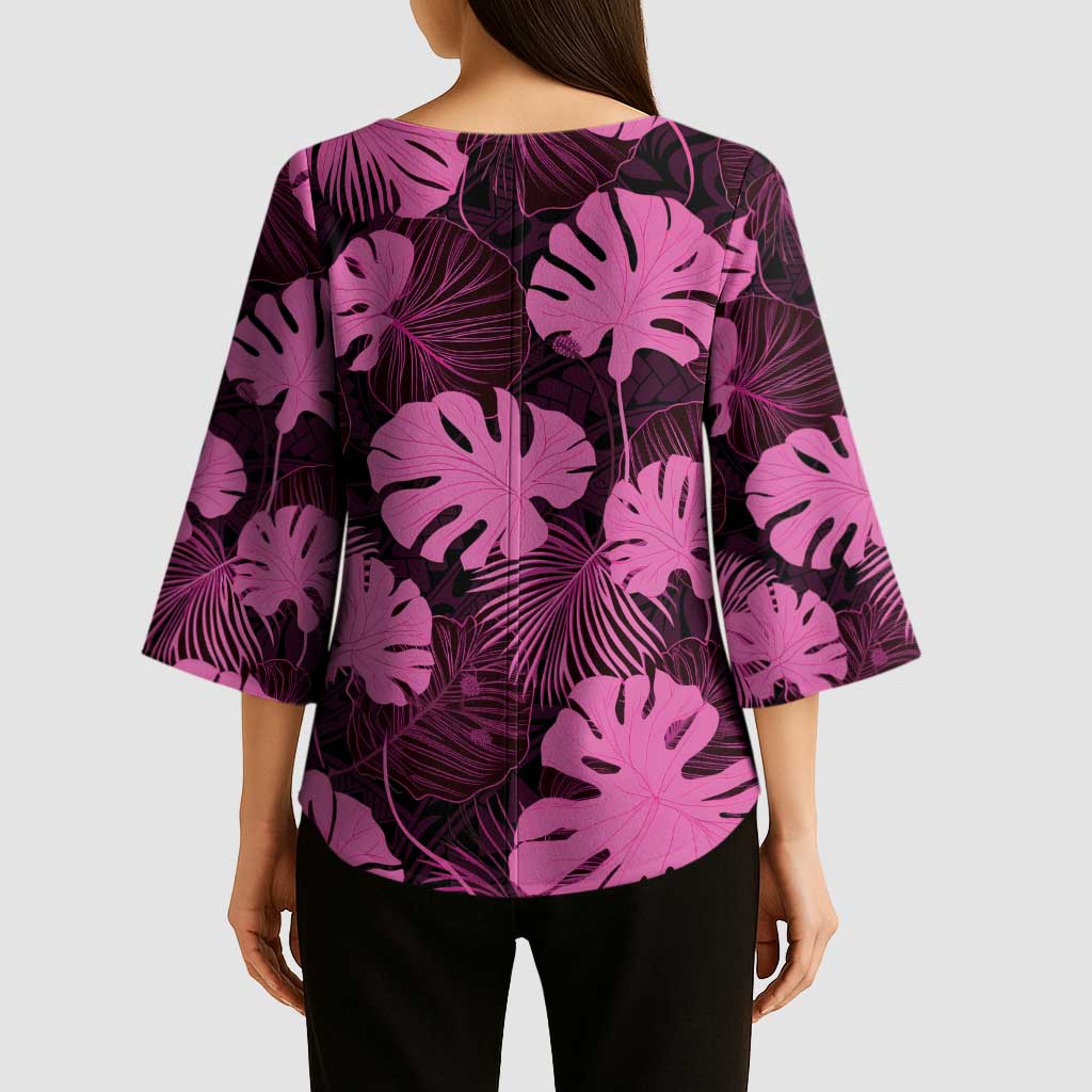 Pink Hawaii Kukui Nut Lei Kimono Sleeve Blouse Hawaiian Pattern Monstera Tropical Vibes - Polynesian Pride