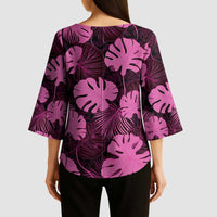 Pink Hawaii Kukui Nut Lei Kimono Sleeve Blouse Hawaiian Pattern Monstera Tropical Vibes - Polynesian Pride