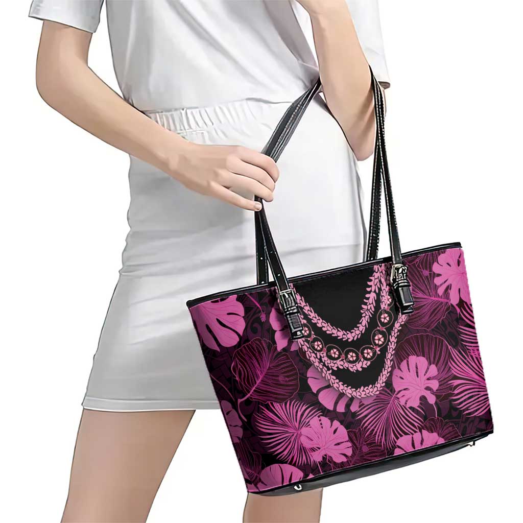 Pink Hawaii Kukui Nut Lei Leather Tote Bag Hawaiian Pattern Monstera Tropical Vibes - Polynesian Pride