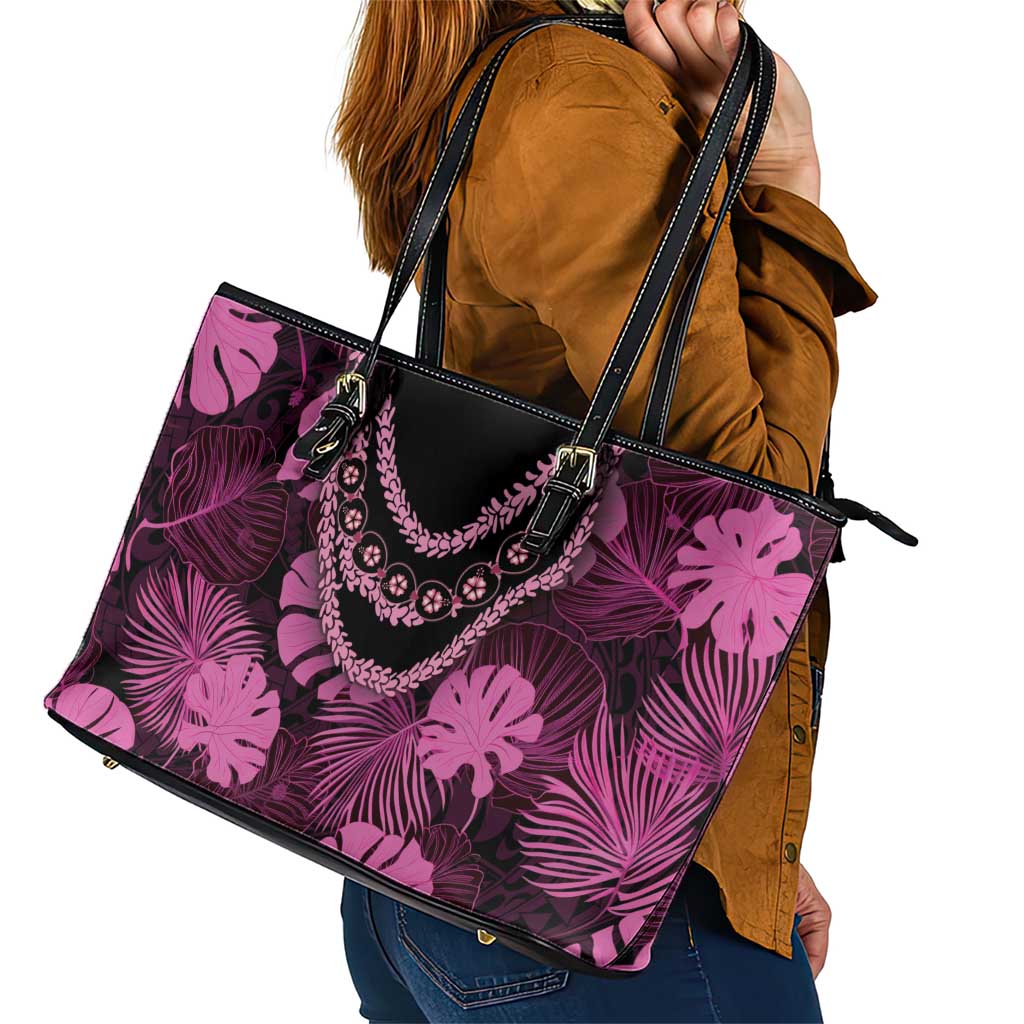 Pink Hawaii Kukui Nut Lei Leather Tote Bag Hawaiian Pattern Monstera Tropical Vibes - Polynesian Pride
