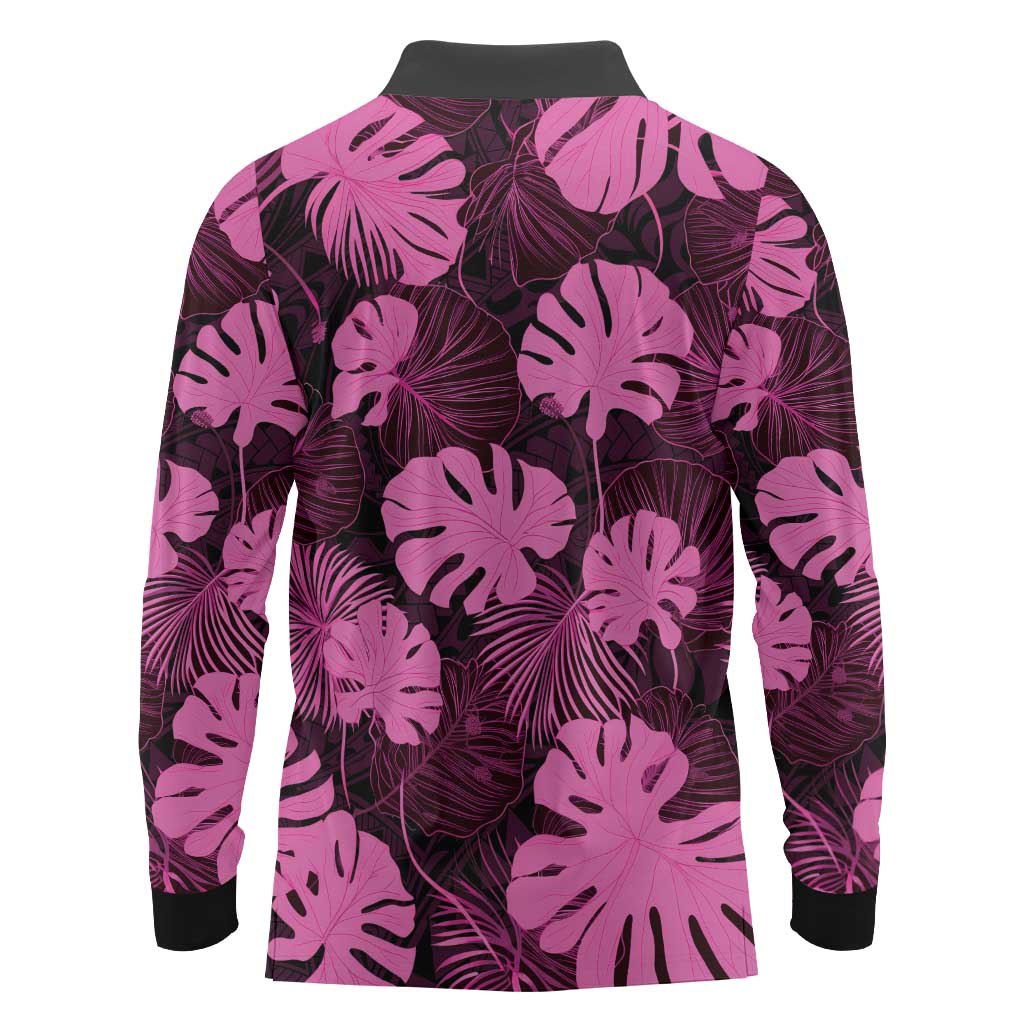 Pink Hawaii Kukui Nut Lei Long Sleeve Polo Shirt Hawaiian Pattern Monstera Tropical Vibes - Polynesian Pride