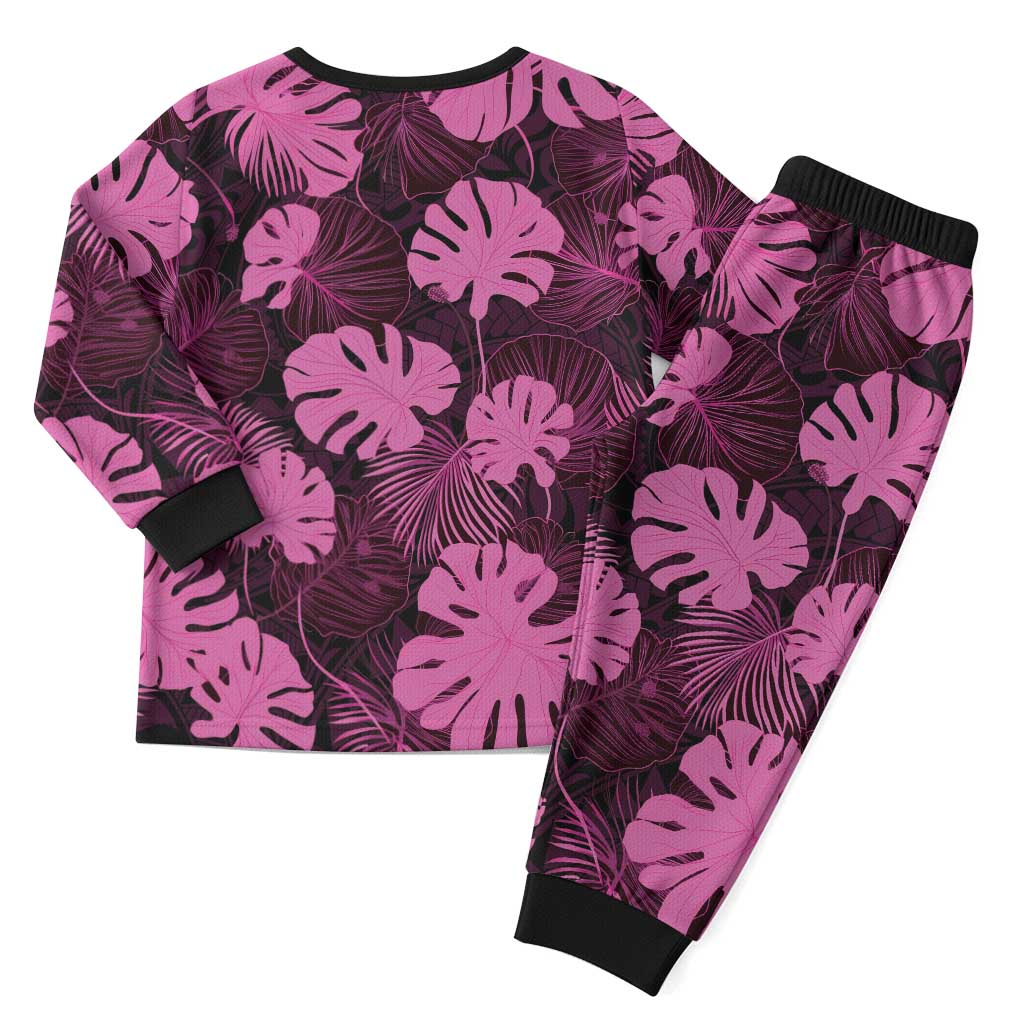 Pink Hawaii Kukui Nut Lei Christmas Pajama Set Hawaiian Pattern Monstera Tropical Vibes - Polynesian Pride