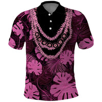 Pink Hawaii Kukui Nut Lei Polo Shirt Hawaiian Pattern Monstera Tropical Vibes - Polynesian Pride