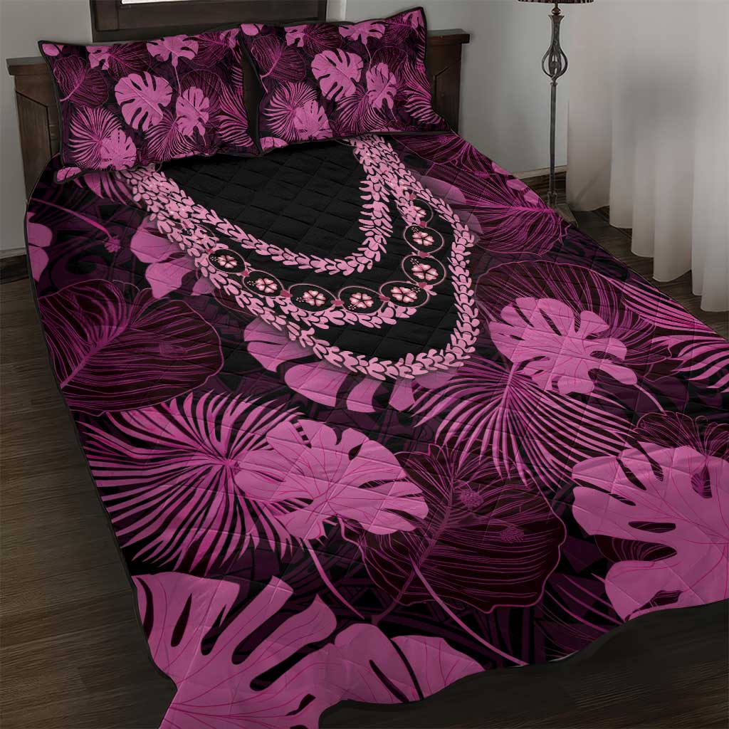 Pink Hawaii Kukui Nut Lei Quilt Bed Set Hawaiian Pattern Monstera Tropical Vibes - Polynesian Pride