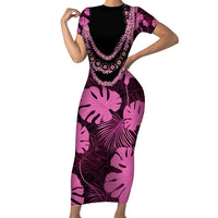 Pink Hawaii Kukui Nut Lei Short Sleeve Bodycon Dress Hawaiian Pattern Monstera Tropical Vibes - Polynesian Pride