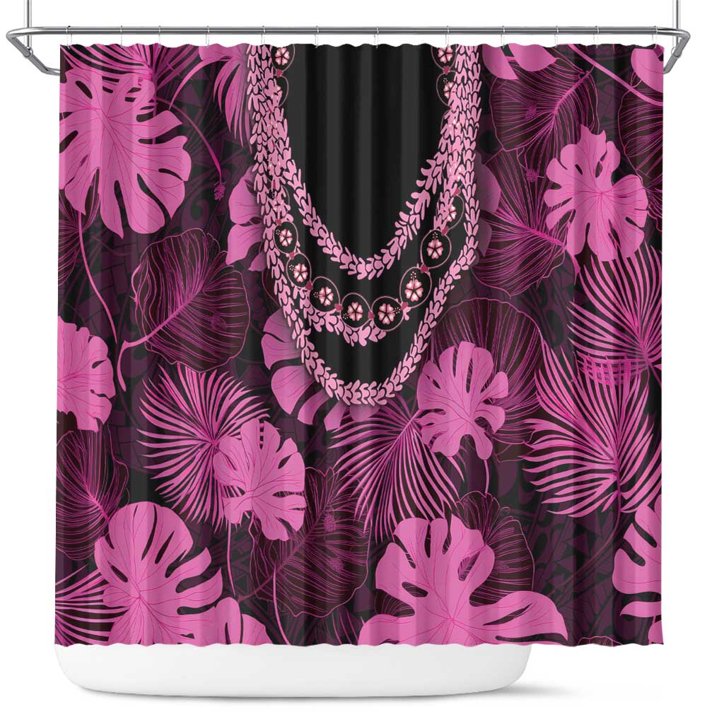 Pink Hawaii Kukui Nut Lei Shower Curtain Hawaiian Pattern Monstera Tropical Vibes - Polynesian Pride