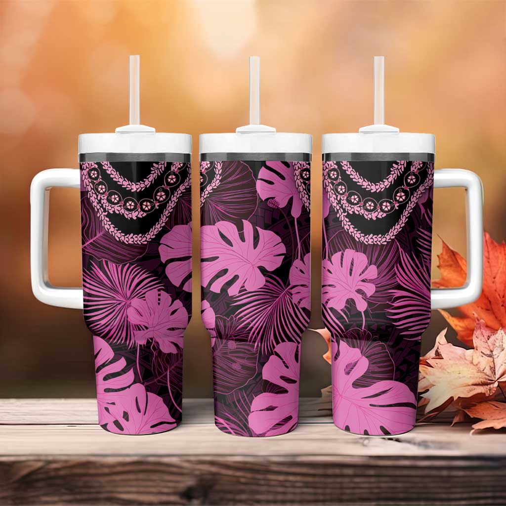Pink Hawaii Kukui Nut Lei Tumbler With Handle Hawaiian Pattern Monstera Tropical Vibes - Polynesian Pride