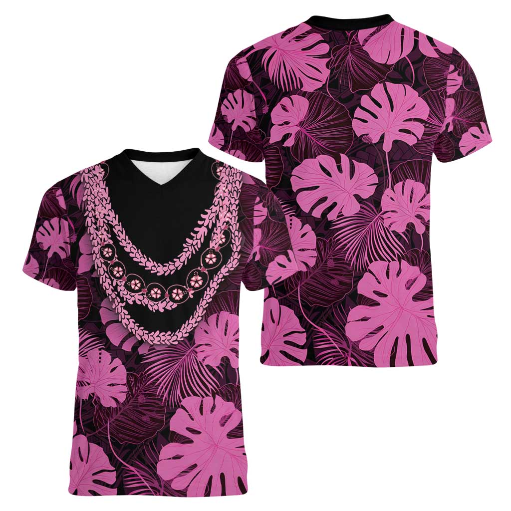 Pink Hawaii Kukui Nut Lei Women V-Neck T-Shirt Hawaiian Pattern Monstera Tropical Vibes - Polynesian Pride