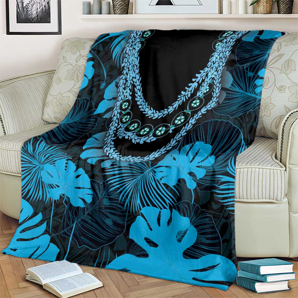 Blue Hawaii Kukui Nut Lei Blanket Hawaiian Pattern Monstera Tropical Vibes - Polynesian Pride