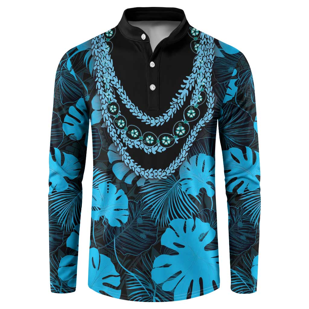 Blue Hawaii Kukui Nut Lei Button Sweatshirt Hawaiian Pattern Monstera Tropical Vibes - Polynesian Pride