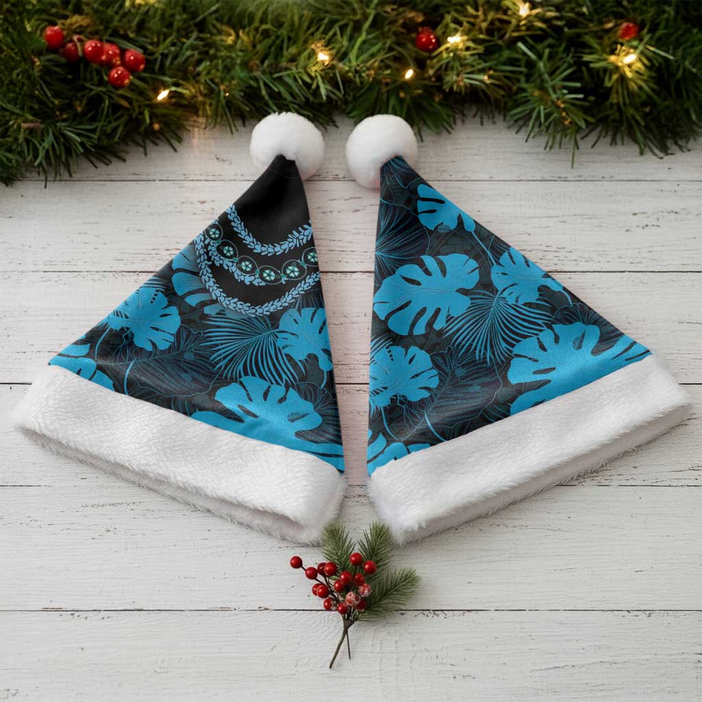 Blue Hawaii Kukui Nut Lei Christmas Santa Hat Hawaiian Pattern Monstera Tropical Vibes - Polynesian Pride