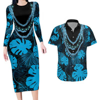 Blue Hawaii Kukui Nut Lei Couples Matching Long Sleeve Bodycon Dress and Hawaiian Shirt Hawaiian Pattern Monstera Tropical Vibes - Polynesian Pride