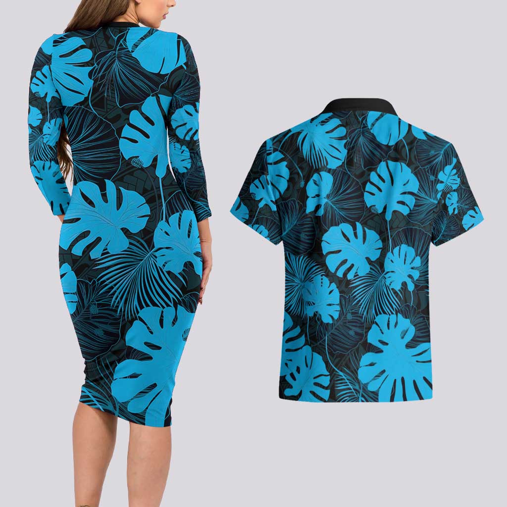 Blue Hawaii Kukui Nut Lei Couples Matching Long Sleeve Bodycon Dress and Hawaiian Shirt Hawaiian Pattern Monstera Tropical Vibes - Polynesian Pride