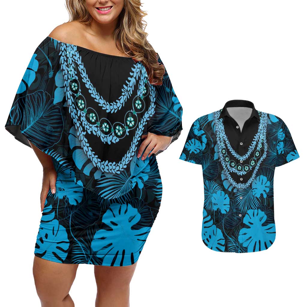 Blue Hawaii Kukui Nut Lei Couples Matching Off Shoulder Short Dress and Hawaiian Shirt Hawaiian Pattern Monstera Tropical Vibes - Polynesian Pride