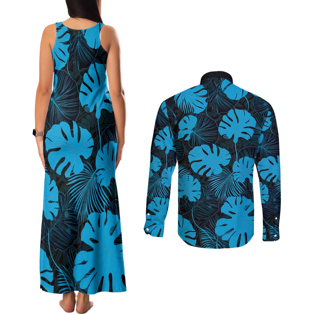 Blue Hawaii Kukui Nut Lei Couples Matching Tank Maxi Dress and Long Sleeve Button Shirt Hawaiian Pattern Monstera Tropical Vibes - Polynesian Pride