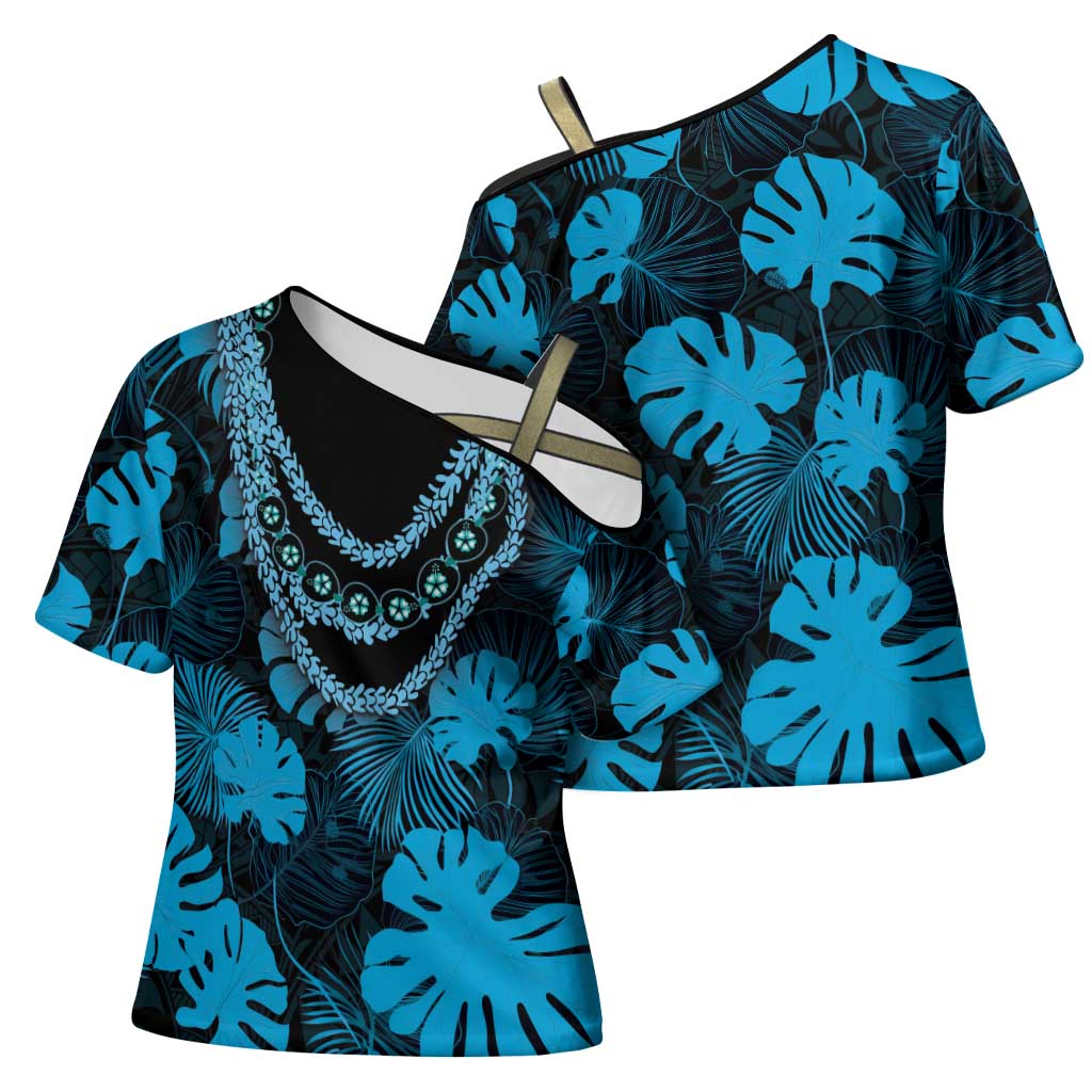 Blue Hawaii Kukui Nut Lei Cross Shoulder Shirt Hawaiian Pattern Monstera Tropical Vibes - Polynesian Pride