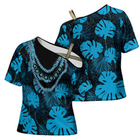 Blue Hawaii Kukui Nut Lei Cross Shoulder Shirt Hawaiian Pattern Monstera Tropical Vibes - Polynesian Pride
