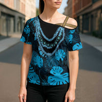 Blue Hawaii Kukui Nut Lei Cross Shoulder Shirt Hawaiian Pattern Monstera Tropical Vibes - Polynesian Pride