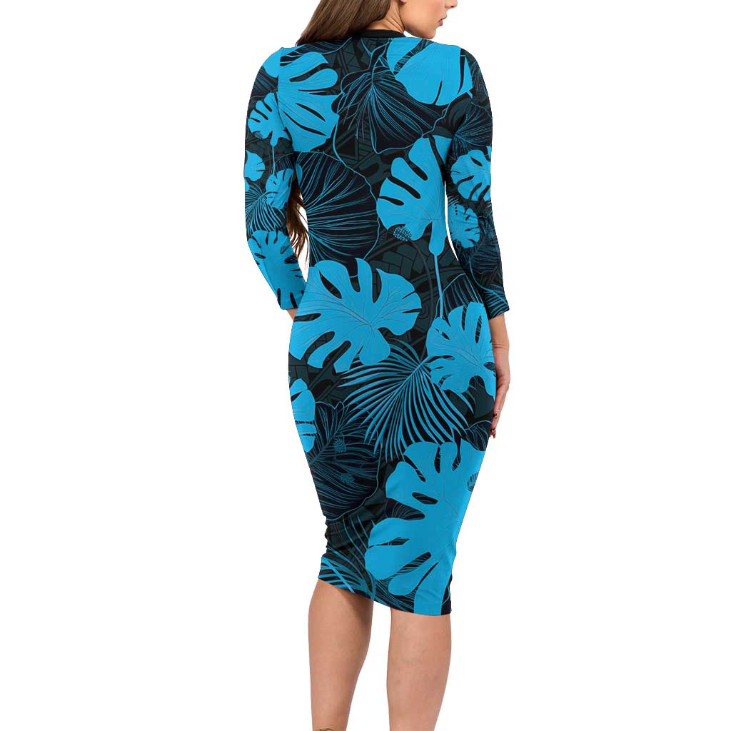 Blue Hawaii Kukui Nut Lei Family Matching Long Sleeve Bodycon Dress and Hawaiian Shirt Hawaiian Pattern Monstera Tropical Vibes - Polynesian Pride