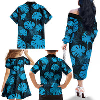 Blue Hawaii Kukui Nut Lei Family Matching Off The Shoulder Long Sleeve Dress and Hawaiian Shirt Hawaiian Pattern Monstera Tropical Vibes - Polynesian Pride