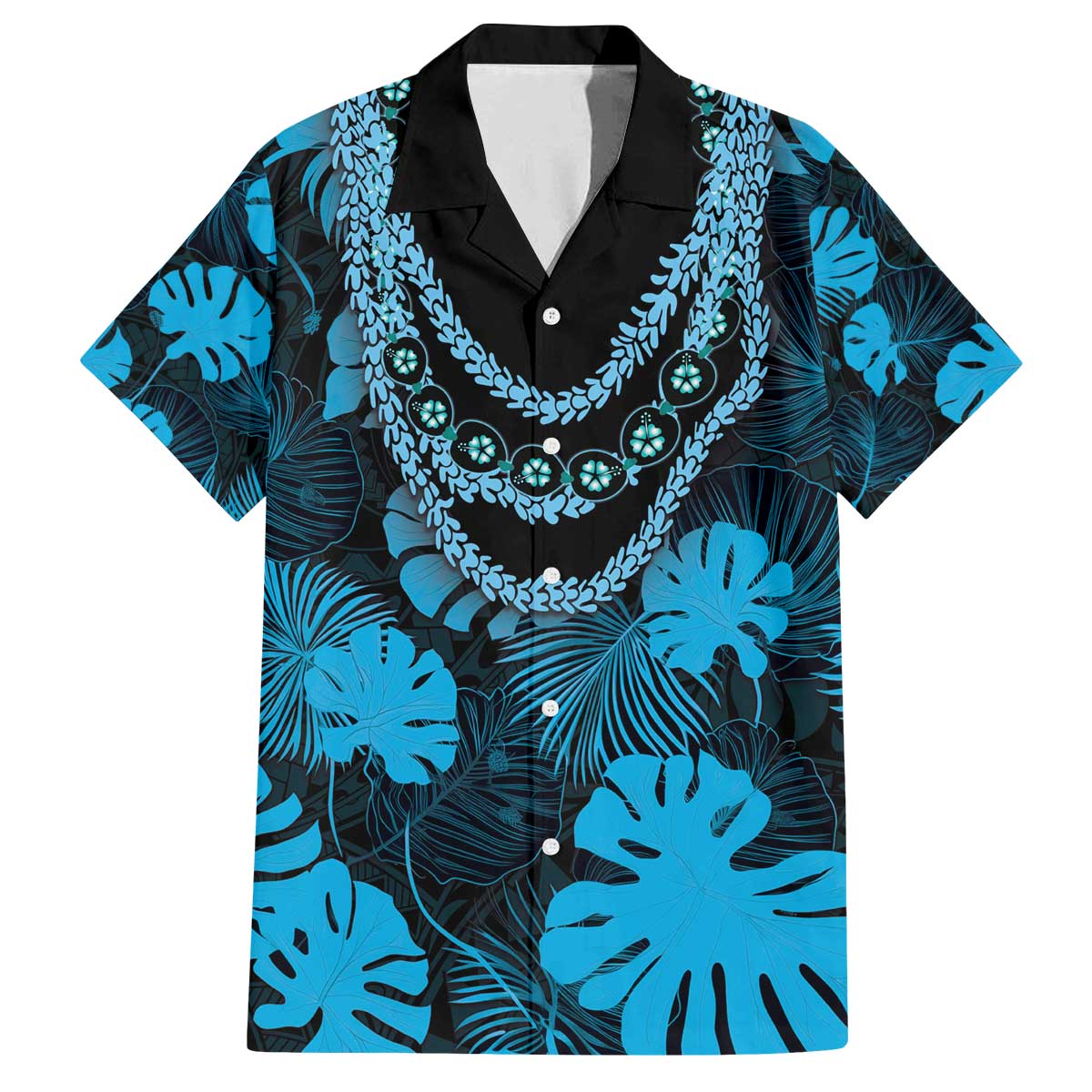 Blue Hawaii Kukui Nut Lei Family Matching Off The Shoulder Long Sleeve Dress and Hawaiian Shirt Hawaiian Pattern Monstera Tropical Vibes - Polynesian Pride