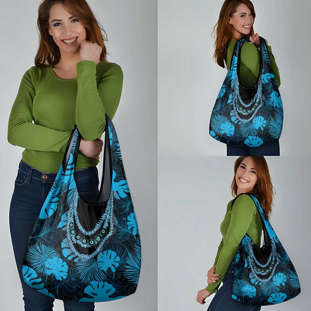 Blue Hawaii Kukui Nut Lei Grocery Bag Hawaiian Pattern Monstera Tropical Vibes - Polynesian Pride