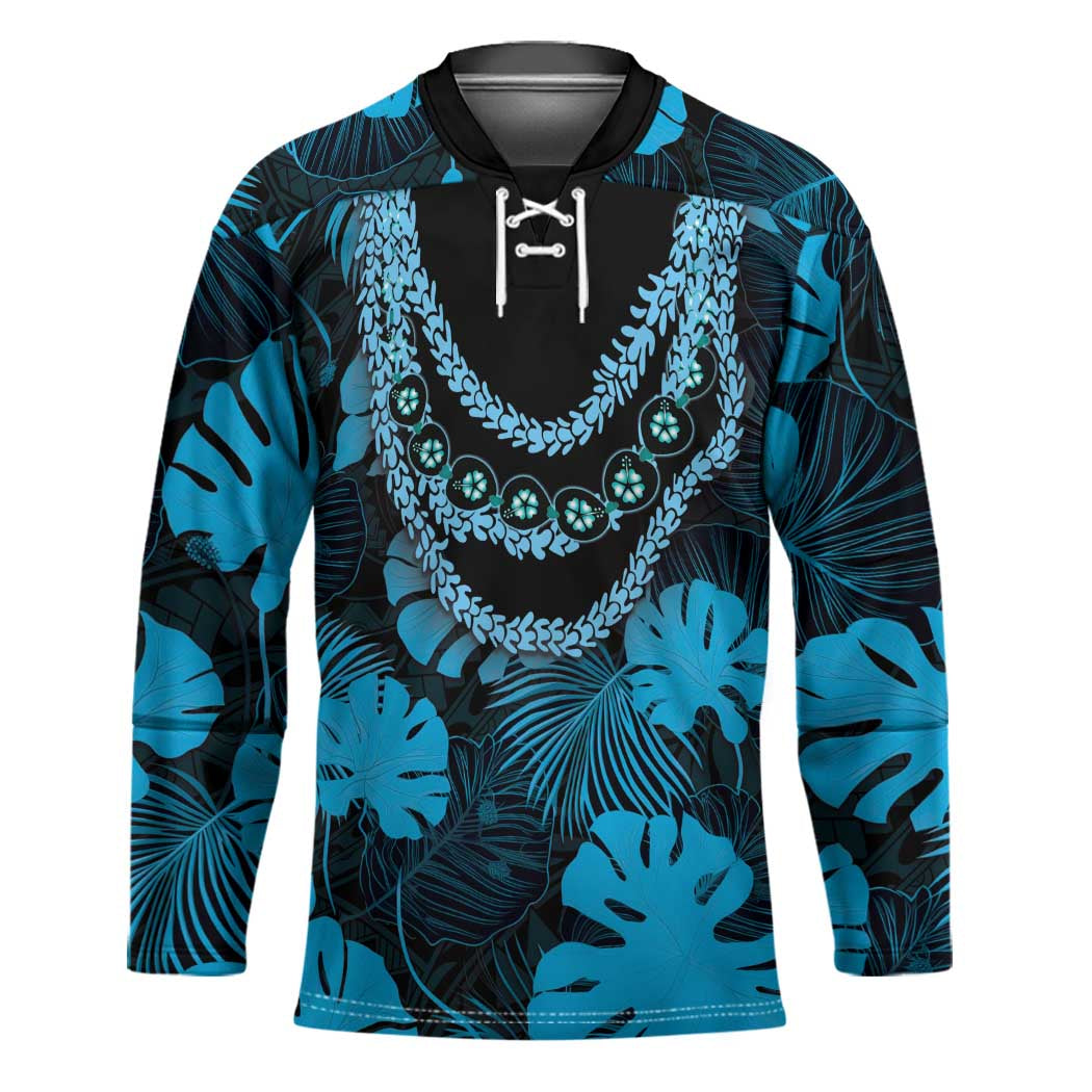 Blue Hawaii Kukui Nut Lei Hockey Jersey Hawaiian Pattern Monstera Tropical Vibes - Polynesian Pride