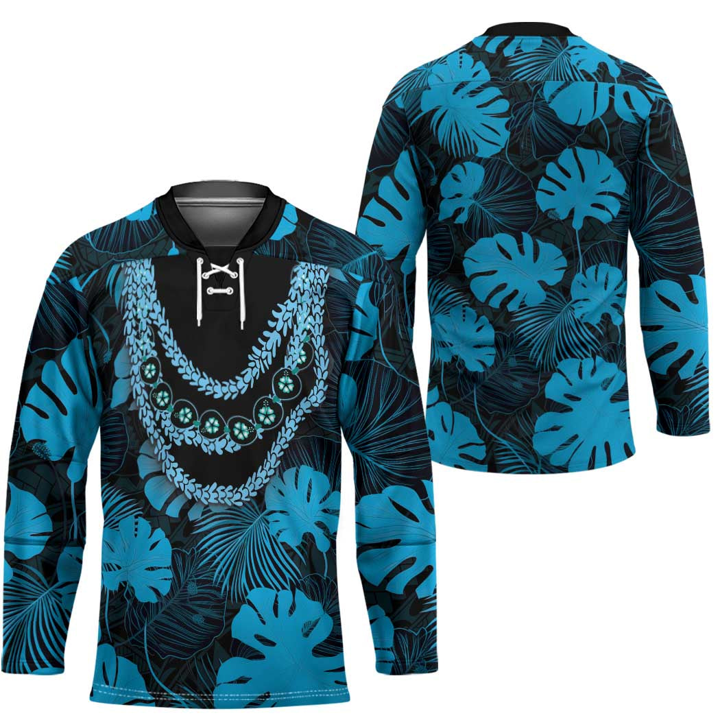Blue Hawaii Kukui Nut Lei Hockey Jersey Hawaiian Pattern Monstera Tropical Vibes - Polynesian Pride