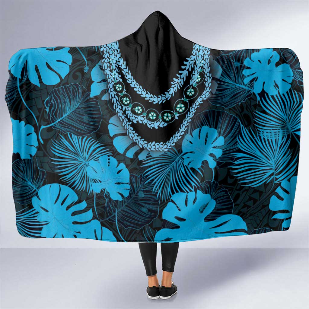 Blue Hawaii Kukui Nut Lei Hooded Blanket Hawaiian Pattern Monstera Tropical Vibes - Polynesian Pride
