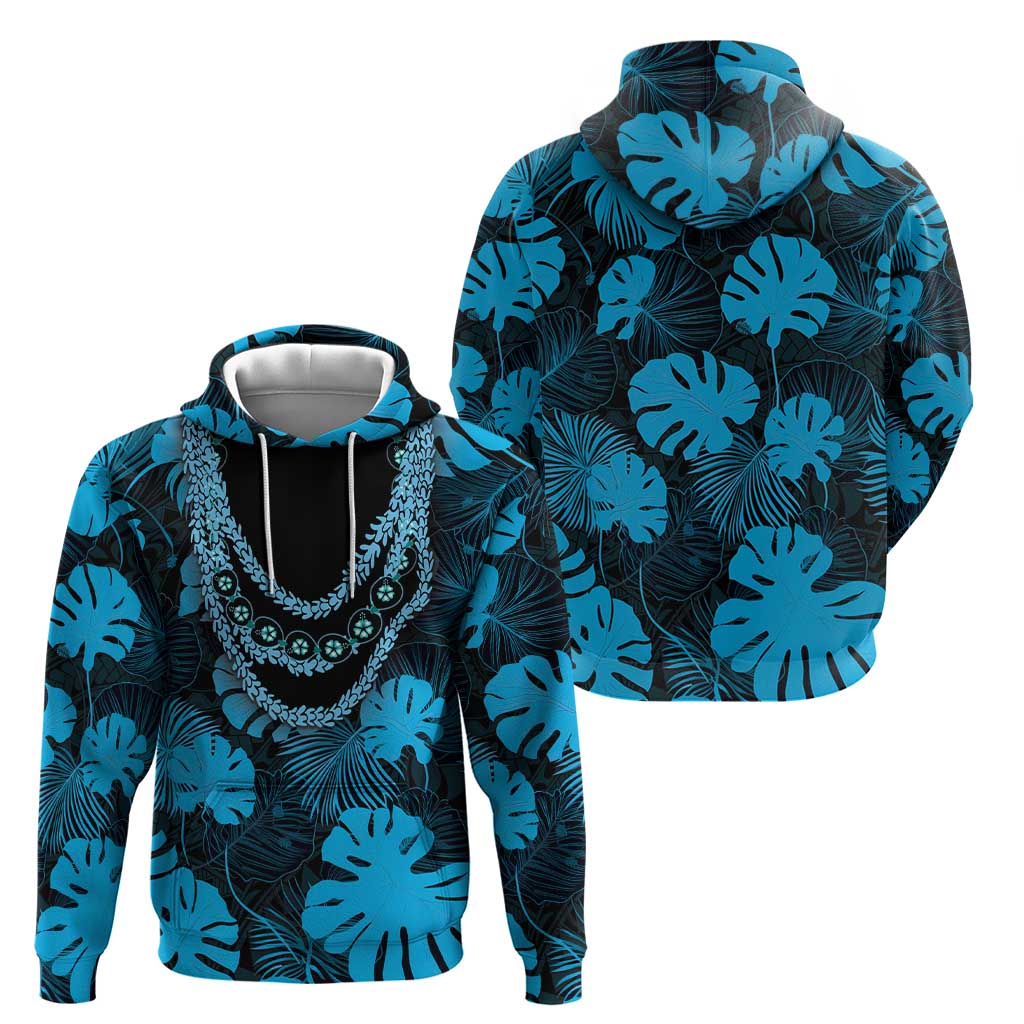 Blue Hawaii Kukui Nut Lei Hoodie Hawaiian Pattern Monstera Tropical Vibes - Polynesian Pride