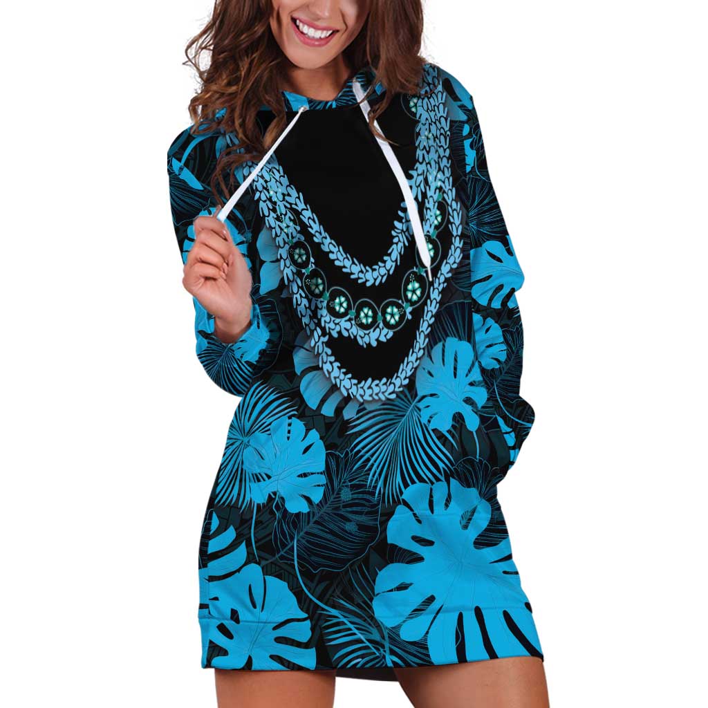 Blue Hawaii Kukui Nut Lei Hoodie Dress Hawaiian Pattern Monstera Tropical Vibes - Polynesian Pride