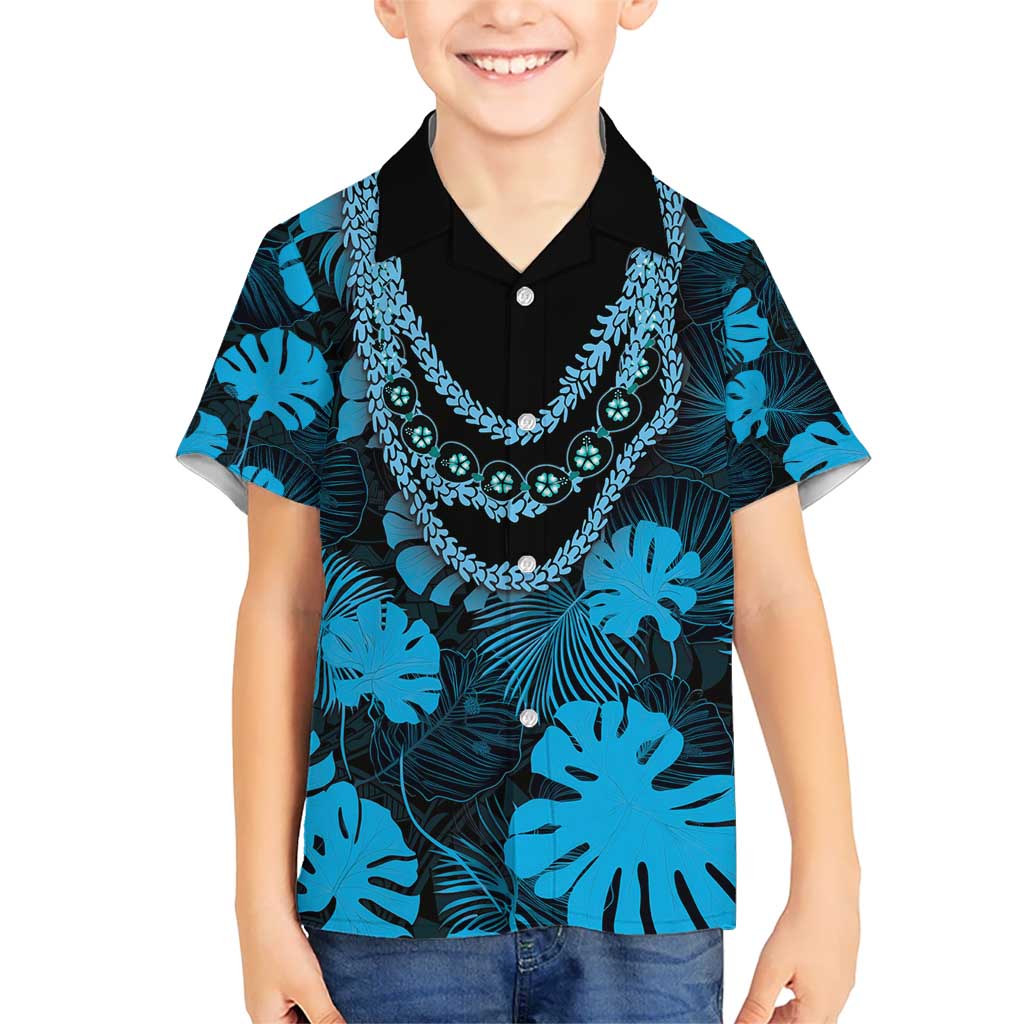 Blue Hawaii Kukui Nut Lei Kid Hawaiian Shirt Hawaiian Pattern Monstera Tropical Vibes - Polynesian Pride