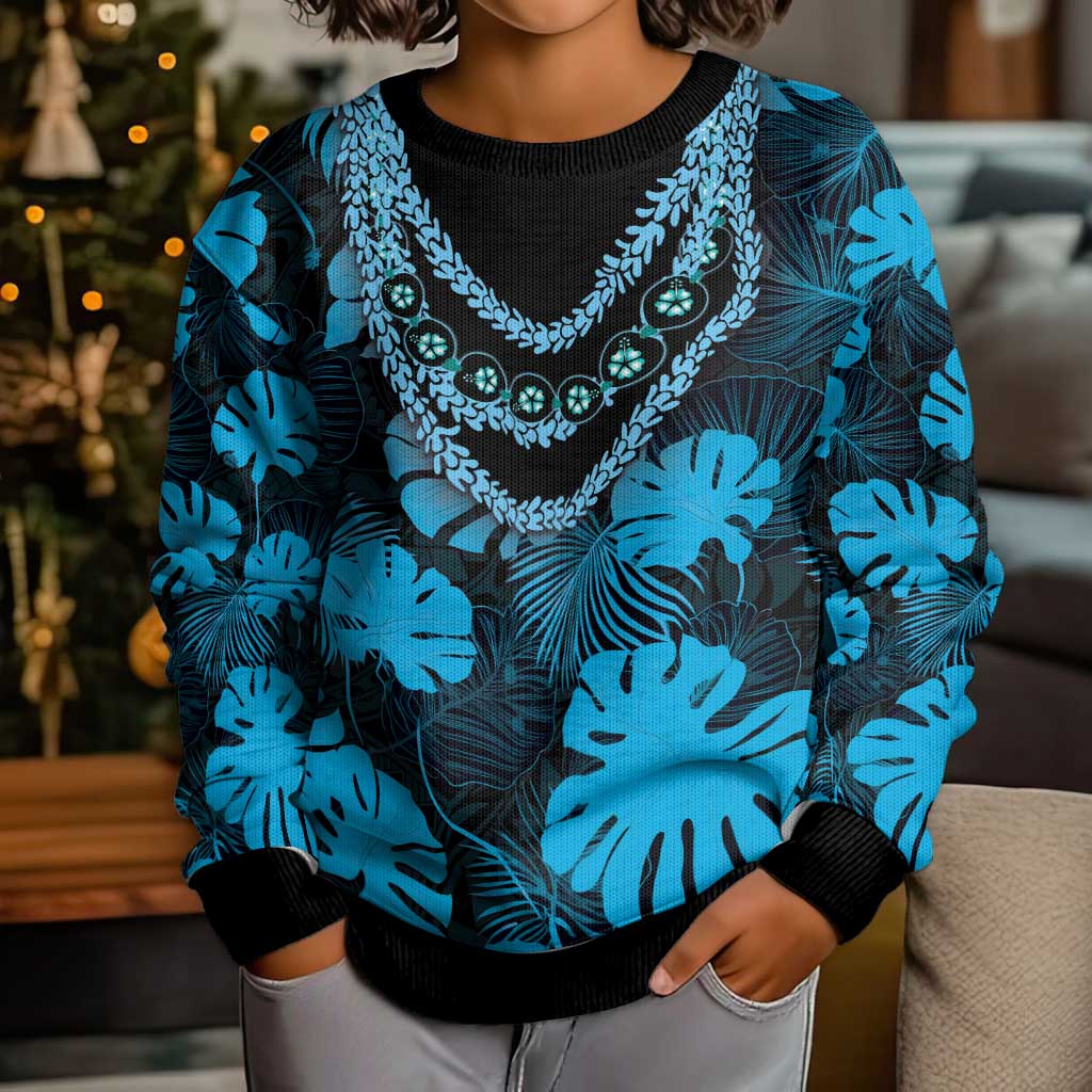 Blue Hawaii Kukui Nut Lei Kid Ugly Christmas Sweater Hawaiian Pattern Monstera Tropical Vibes - Polynesian Pride