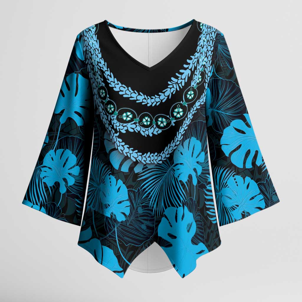 Blue Hawaii Kukui Nut Lei Kimono Sleeve Blouse Hawaiian Pattern Monstera Tropical Vibes - Polynesian Pride