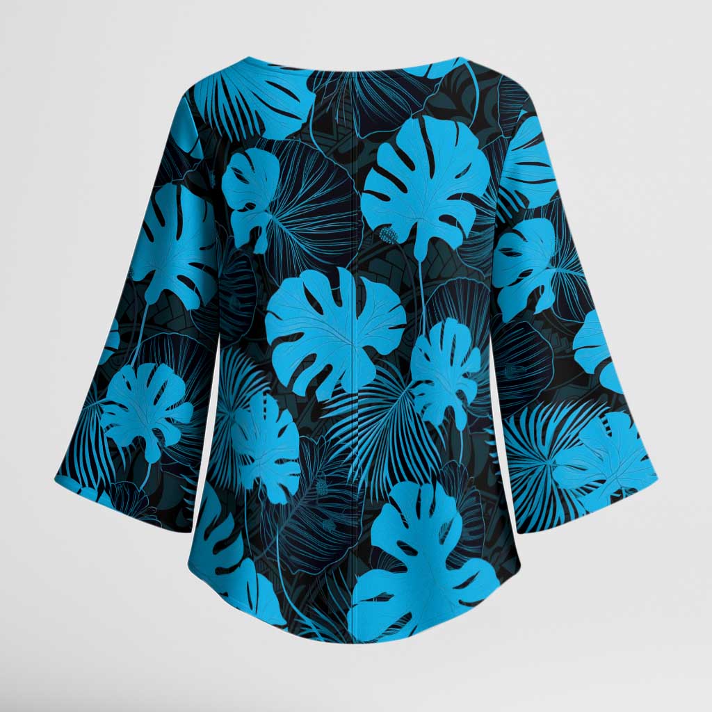 Blue Hawaii Kukui Nut Lei Kimono Sleeve Blouse Hawaiian Pattern Monstera Tropical Vibes - Polynesian Pride