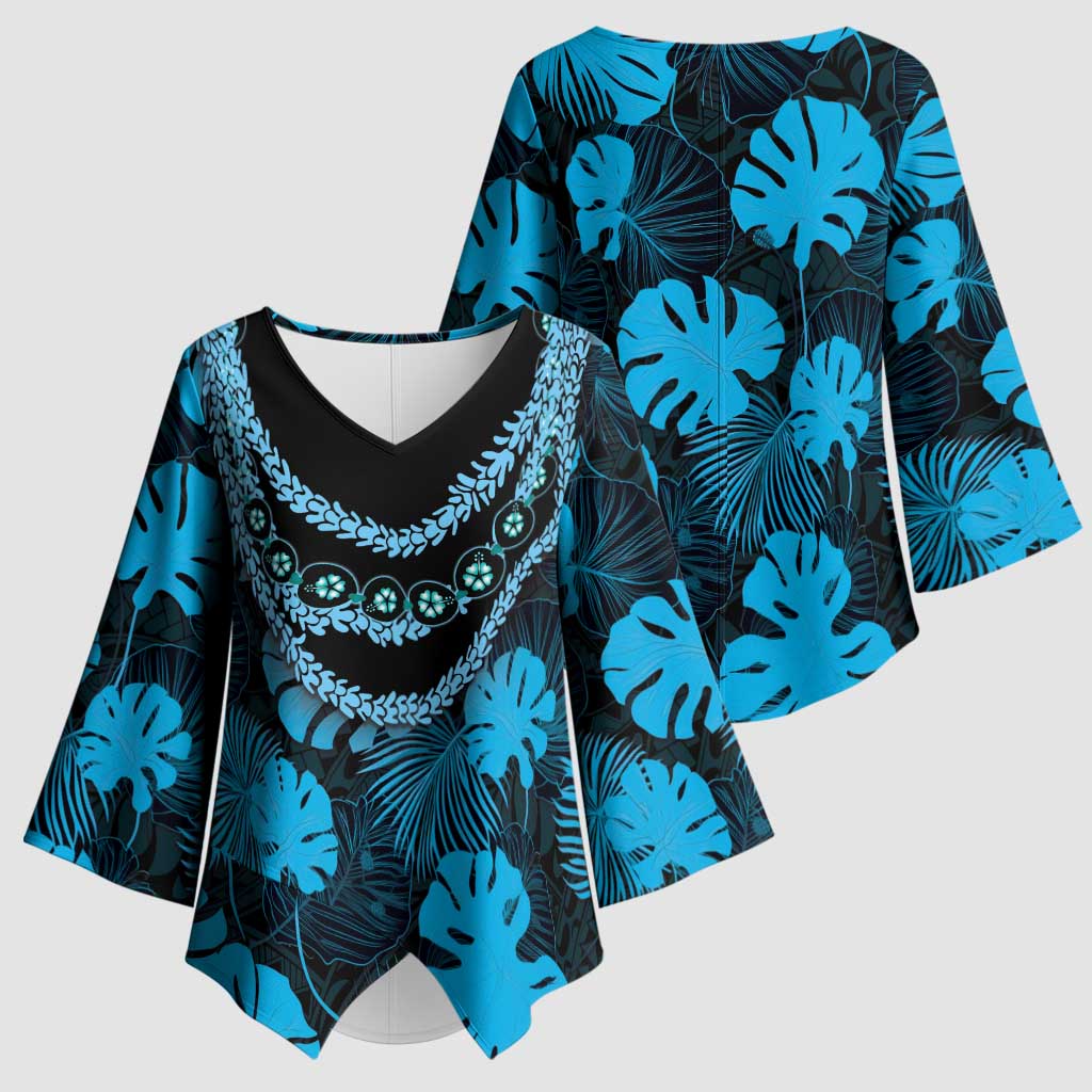 Blue Hawaii Kukui Nut Lei Kimono Sleeve Blouse Hawaiian Pattern Monstera Tropical Vibes - Polynesian Pride