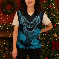 Blue Hawaii Kukui Nut Lei Christmas Knitted V-Neck Vest Hawaiian Pattern Monstera Tropical Vibes - Polynesian Pride