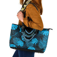 Blue Hawaii Kukui Nut Lei Leather Tote Bag Hawaiian Pattern Monstera Tropical Vibes - Polynesian Pride