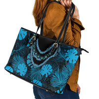 Blue Hawaii Kukui Nut Lei Leather Tote Bag Hawaiian Pattern Monstera Tropical Vibes - Polynesian Pride