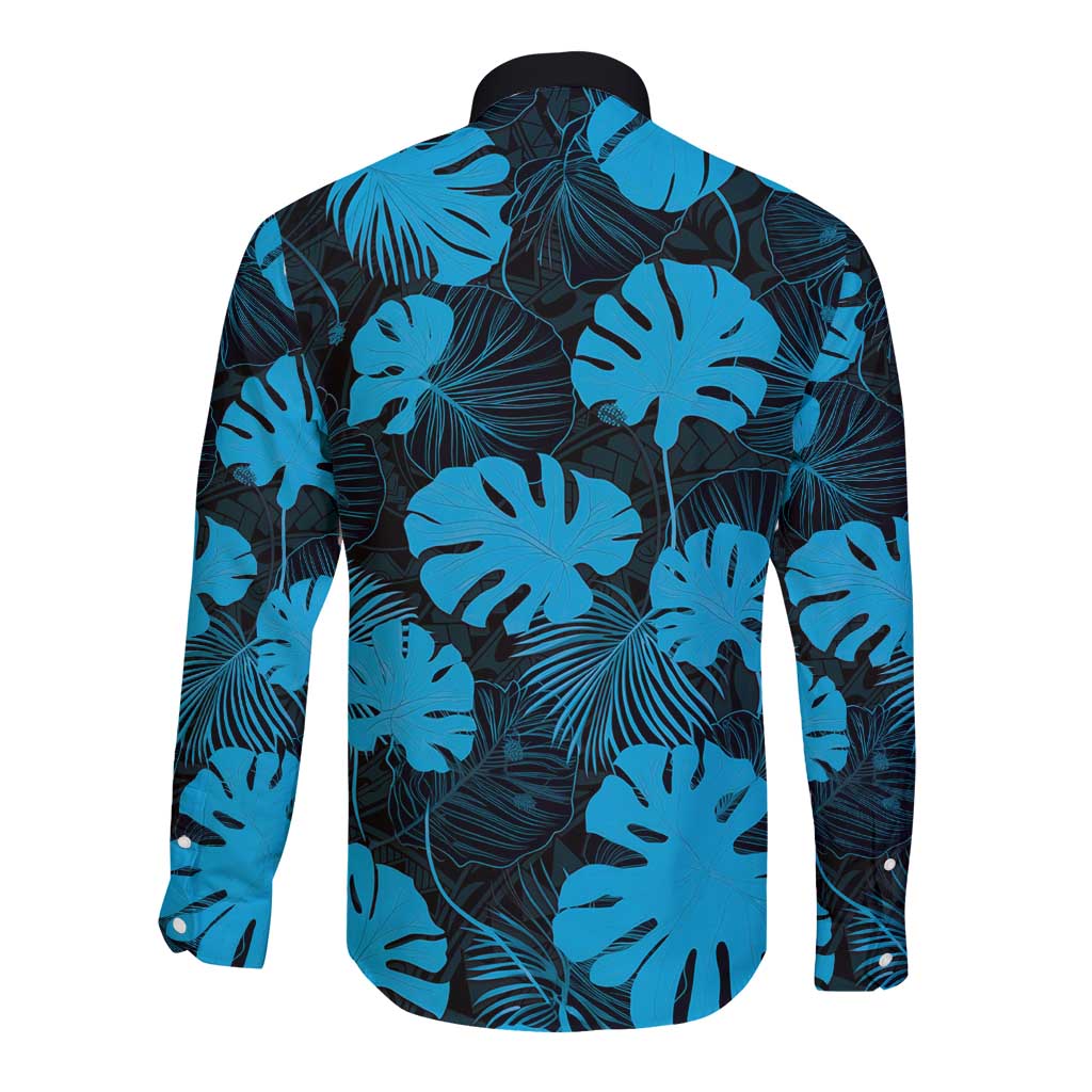 Blue Hawaii Kukui Nut Lei Long Sleeve Button Shirt Hawaiian Pattern Monstera Tropical Vibes - Polynesian Pride