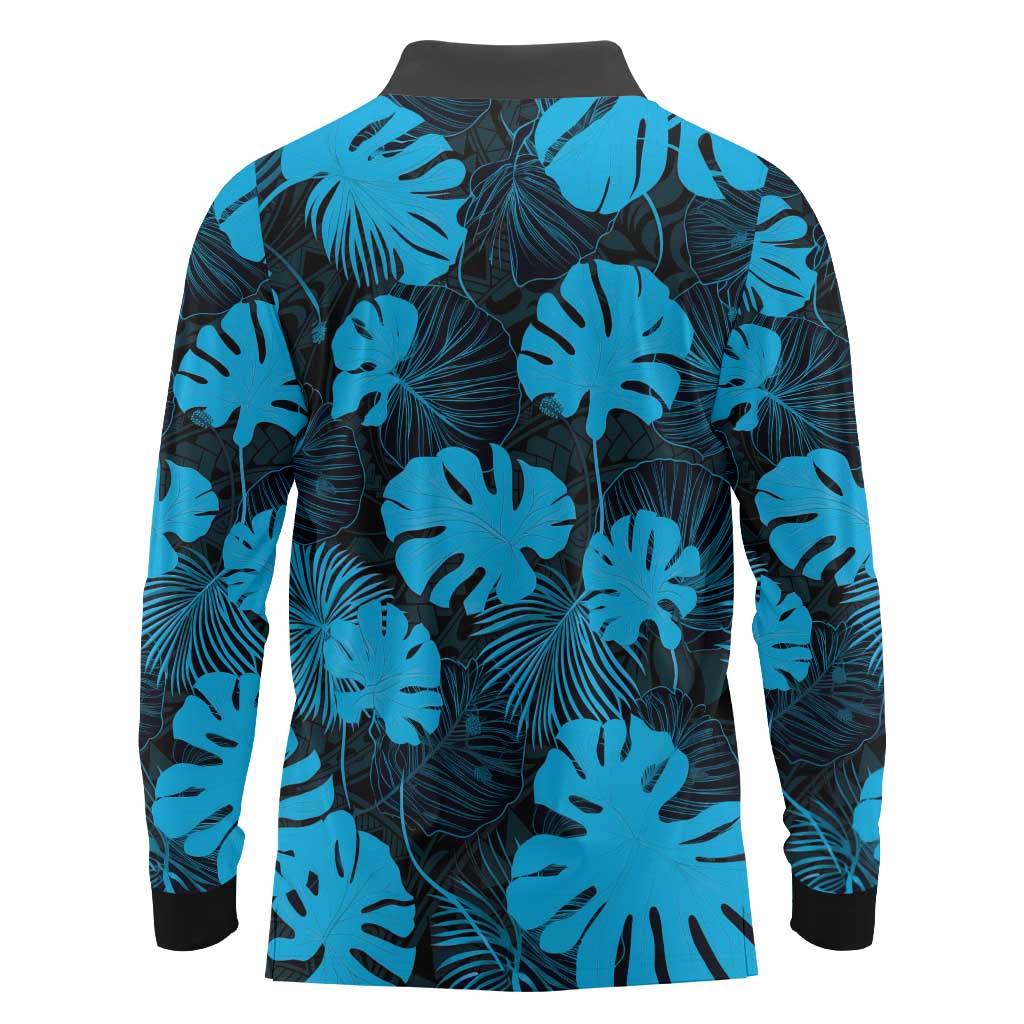 Blue Hawaii Kukui Nut Lei Long Sleeve Polo Shirt Hawaiian Pattern Monstera Tropical Vibes - Polynesian Pride