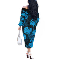 Blue Hawaii Kukui Nut Lei Off The Shoulder Long Sleeve Dress Hawaiian Pattern Monstera Tropical Vibes - Polynesian Pride