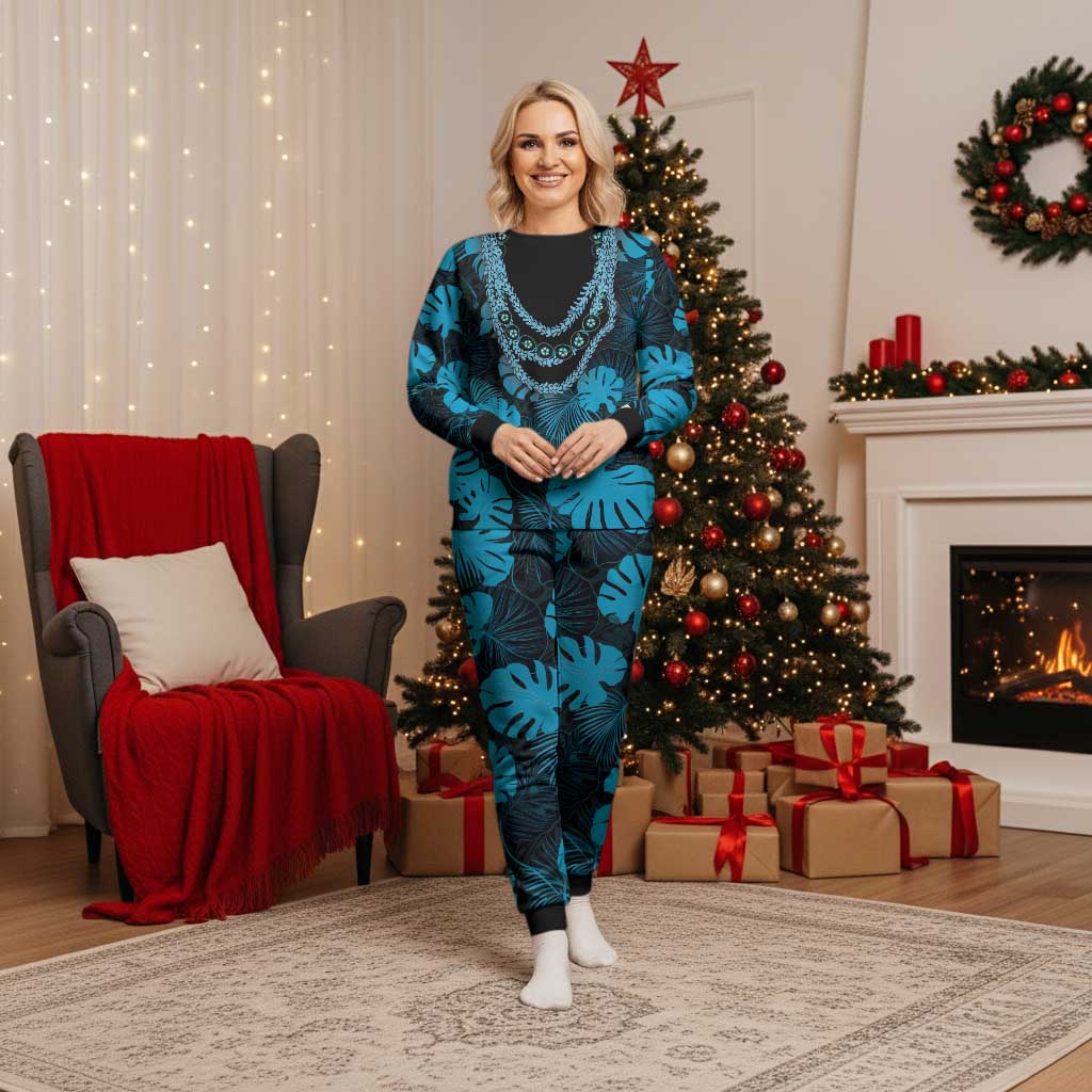 Blue Hawaii Kukui Nut Lei Christmas Pajama Set Hawaiian Pattern Monstera Tropical Vibes - Polynesian Pride