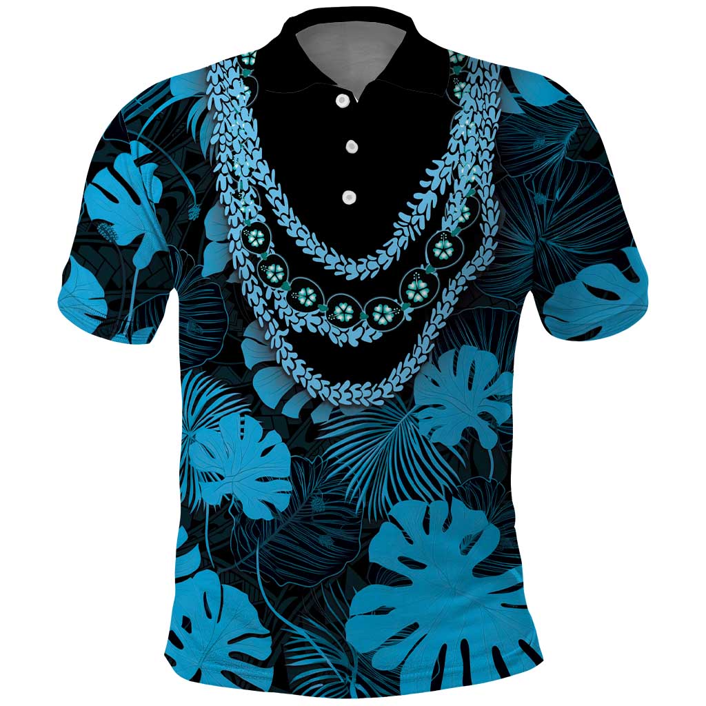 Blue Hawaii Kukui Nut Lei Polo Shirt Hawaiian Pattern Monstera Tropical Vibes - Polynesian Pride