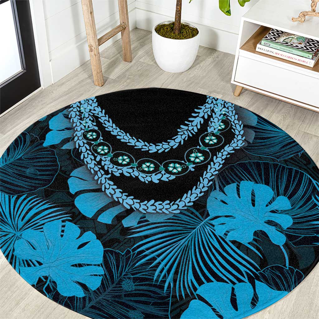 Blue Hawaii Kukui Nut Lei Round Carpet Hawaiian Pattern Monstera Tropical Vibes - Polynesian Pride