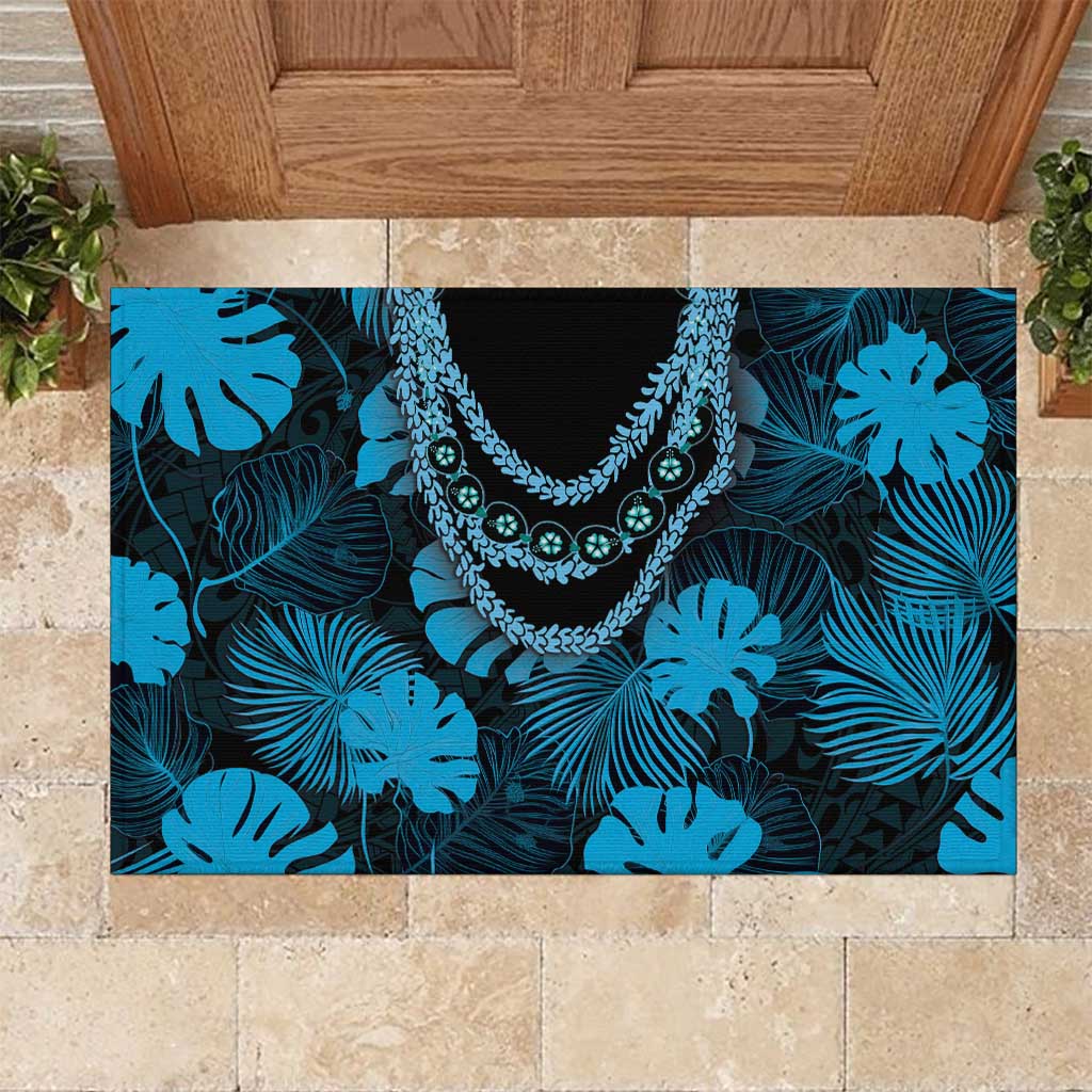 Blue Hawaii Kukui Nut Lei Rubber Doormat Hawaiian Pattern Monstera Tropical Vibes - Polynesian Pride