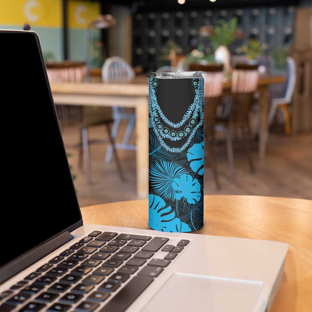Blue Hawaii Kukui Nut Lei Skinny Tumbler Hawaiian Pattern Monstera Tropical Vibes - Polynesian Pride