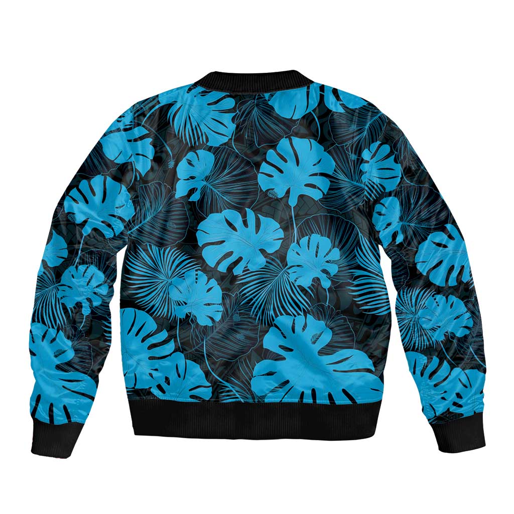 Blue Hawaii Kukui Nut Lei Sleeve Zip Bomber Jacket Hawaiian Pattern Monstera Tropical Vibes - Polynesian Pride