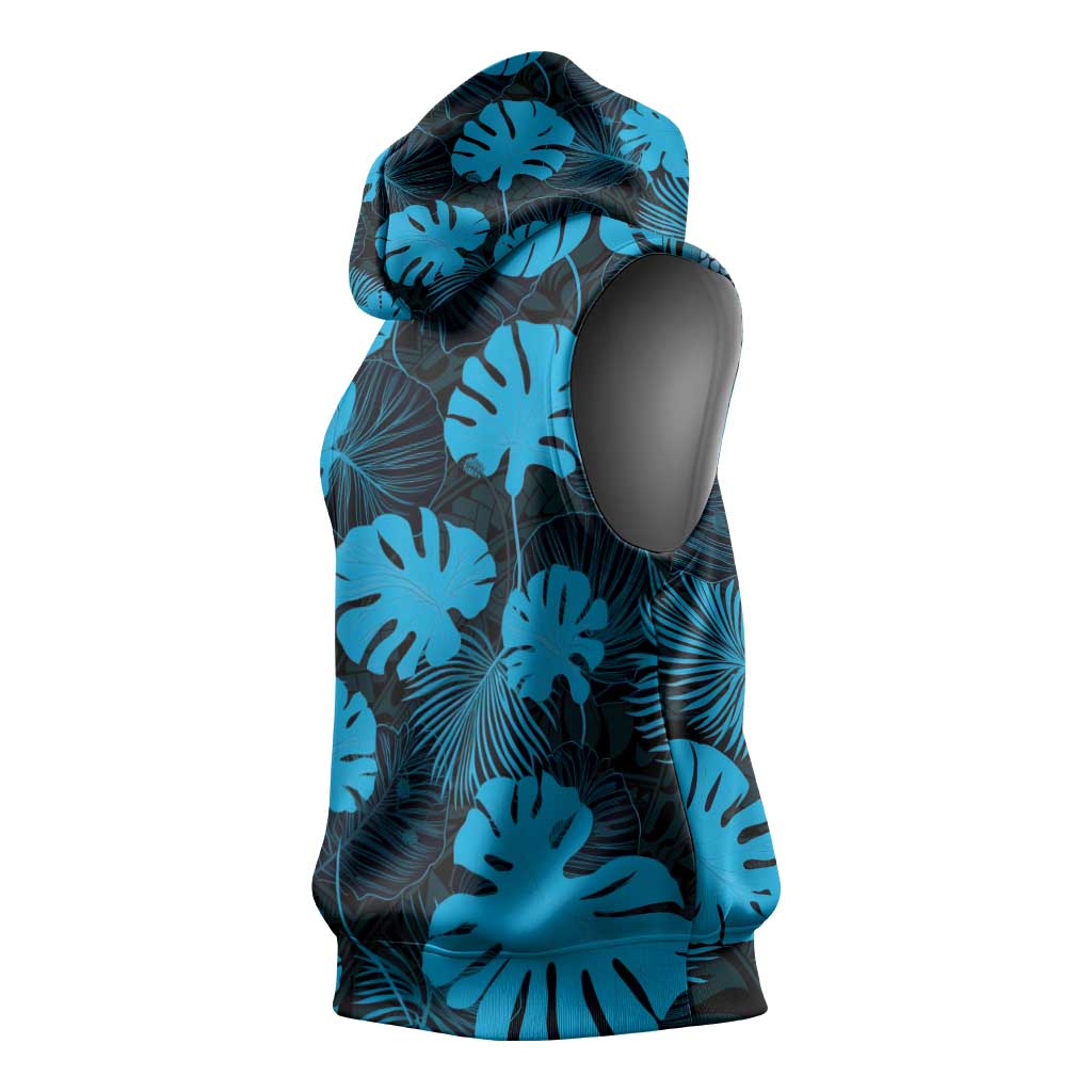 Blue Hawaii Kukui Nut Lei Sleeveless Hoodie Hawaiian Pattern Monstera Tropical Vibes - Polynesian Pride