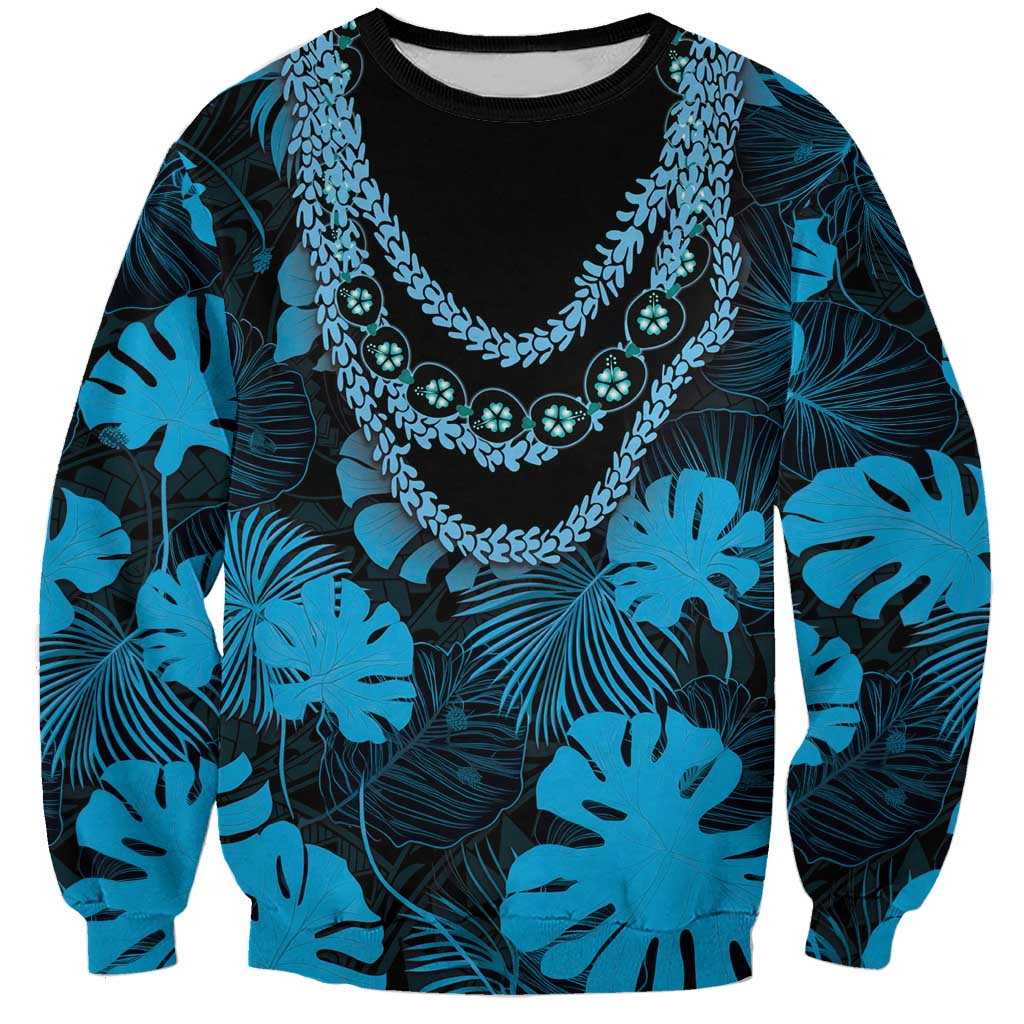 Blue Hawaii Kukui Nut Lei Sweatshirt Hawaiian Pattern Monstera Tropical Vibes - Polynesian Pride